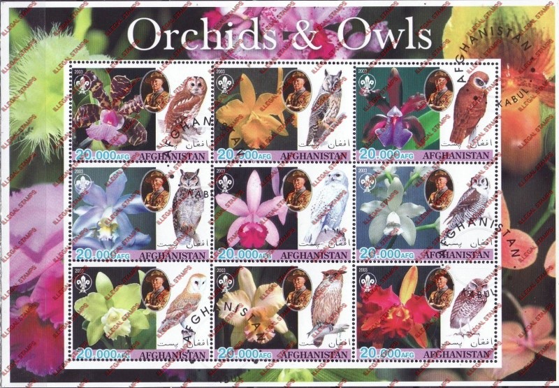 Afghanistan 2003 Orchids Owls Scouts Baden Powell Illegal Stamp Sheetlet of Nine Afghanistan 2003 Orchids Owls Scouts Baden Powell Illegal Stamp Sheetlet of Nine
