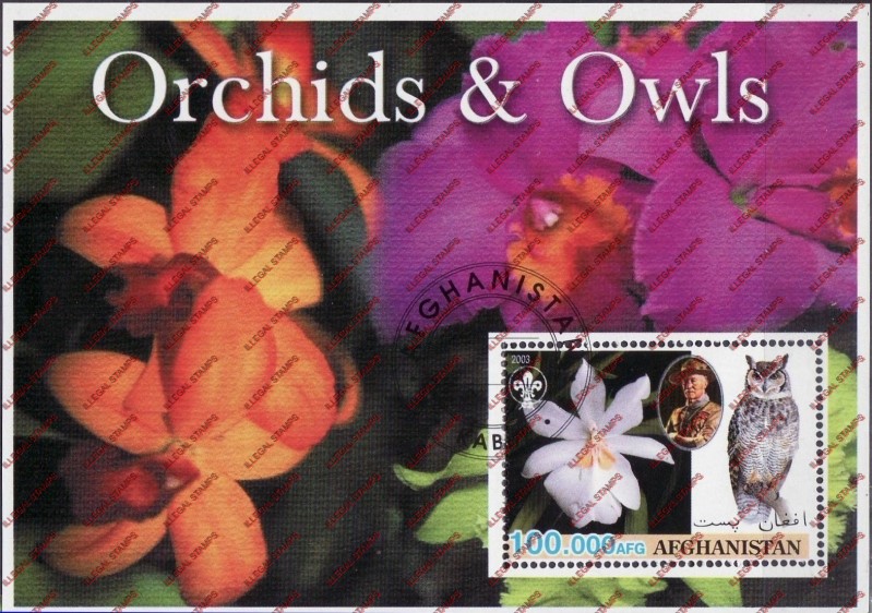 Afghanistan 2003 Orchids Owls Scouts Baden Powell Illegal Stamp Souvenir Sheet Afghanistan 2003 Orchids Owls Scouts Baden Powell Illegal Stamp Souvenir Sheet