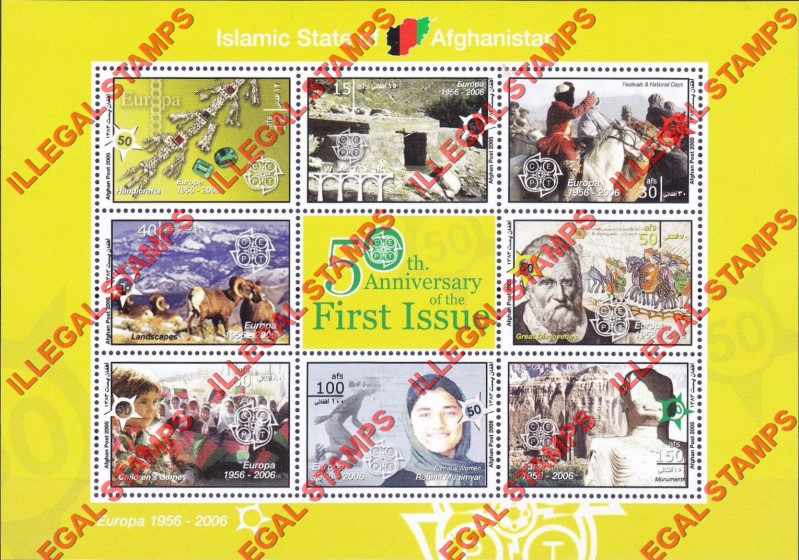 Afghanistan 2005 50th Anniversary of the First Stamp (EUROPA) Illegal Stamp Sheetlet of Eight Plus Label Afghanistan 2005 50th Anniversary of the First Stamp (EUROPA) Illegal Stamp Sheetlet of Eight Plus Label