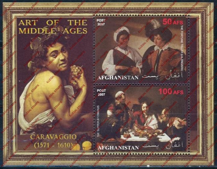 Afghanistan 2007 Art of the Middle Ages Caravaggio Illegal Stamp Souvenir Sheet of Two Afghanistan 2007 Art of the Middle Ages Caravaggio Illegal Stamp Souvenir Sheet of Two