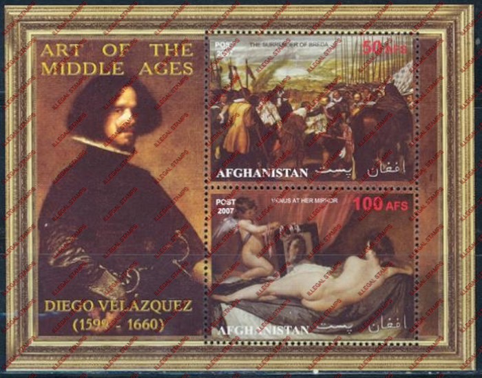 Afghanistan 2007 Art of the Middle Ages Diego Velazquez Illegal Stamp Souvenir Sheet of Two Afghanistan 2007 Art of the Middle Ages Diego Velazquez Illegal Stamp Souvenir Sheet of Two