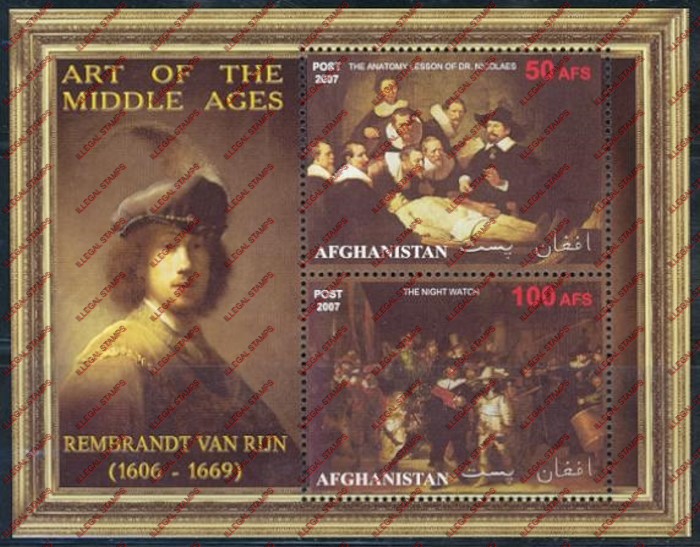Afghanistan 2007 Art of the Middle Ages Rembrandt Van Rijn Illegal Stamp Souvenir Sheet of Two Afghanistan 2007 Art of the Middle Ages Rembrandt Van Rijn Illegal Stamp Souvenir Sheet of Two