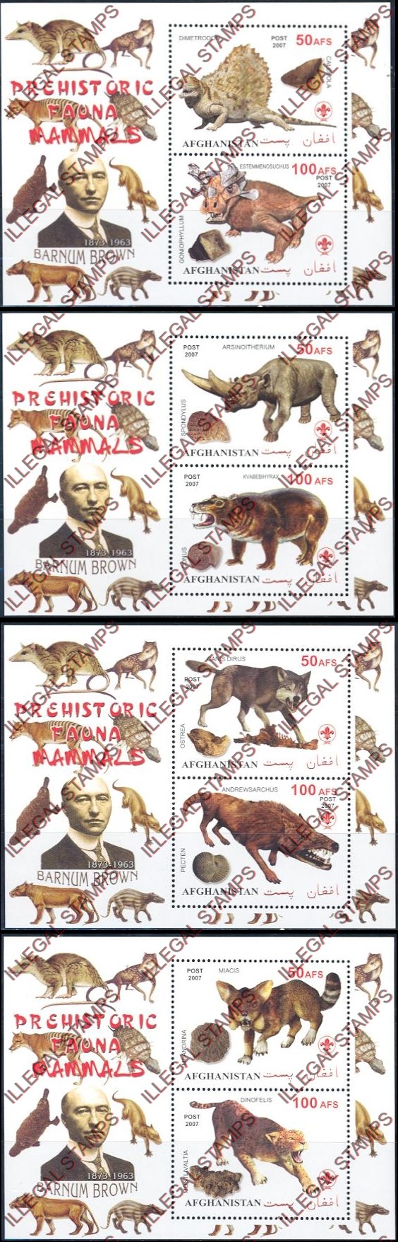 Afghanistan 2007 Fauna Prehistoric Animals Barnum Brown Illegal Stamp Souvenir Sheets of Two Afghanistan 2007 Fauna Prehistoric Animals Barnum Brown Illegal Stamp Souvenir Sheets of Two