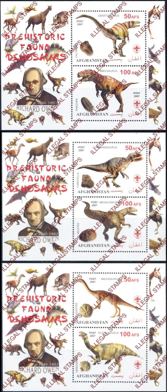Afghanistan 2007 Fauna Prehistoric Animals Richard Owen Illegal Stamp Souvenir Sheets of Two Afghanistan 2007 Fauna Prehistoric Animals Richard Owen Illegal Stamp Souvenir Sheets of Two