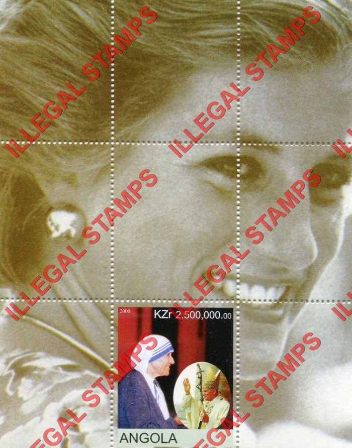 Angola 2000 Pope John Paul II and Mother Teresa Illegal Stamp Souvenir Sheet of 1 Angola 2000 Pope John Paul II and Mother Teresa Illegal Stamp Souvenir Sheet of 1