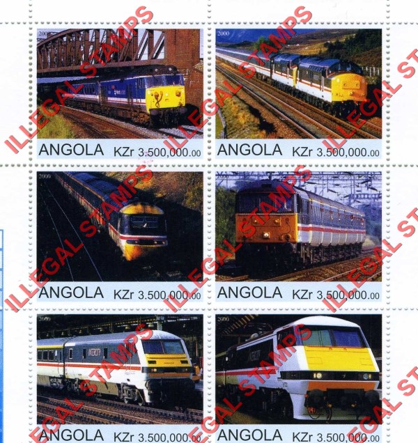 Angola 2000 Trains Illegal Stamp Souvenir Sheets of 6 (Sheet 2) Angola 2000 Trains Illegal Stamp Souvenir Sheets of 6 (Sheet 2)