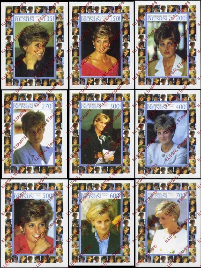 Benin 1998 Princess Diana Memoriam Illegal Stamp Deluxe Souvenir Sheets of 1 Benin 1998 Princess Diana Memoriam Illegal Stamp Deluxe Souvenir Sheets of 1