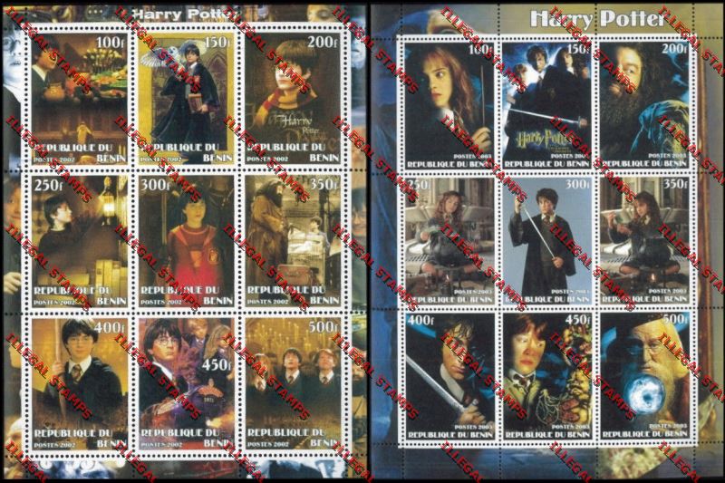 Benin 2002 and 2003 Harry Potter Illegal Stamp Sheetlets of Nine Benin 2002 and 2003 Harry Potter Illegal Stamp Sheetlets of Nine