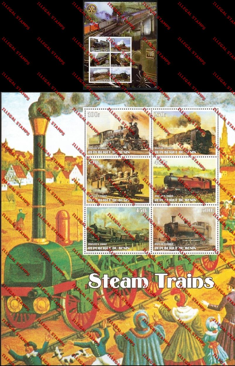 Benin 2002 Trains with Rotary International Emblem and 2003 Steam Trains Illegal Stamp Souvenir Sheetlets of Six Benin 2002 Trains with Rotary International Emblem and 2003 Steam Trains Illegal Stamp Souvenir Sheetlets of Six
