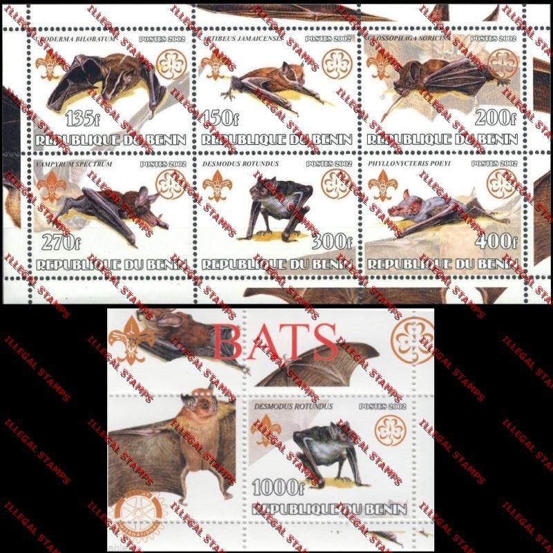 Benin 2002 Bats with Scouts Emblems Illegal Stamp Sheetlet of Six and Souvenir Sheet Benin 2002 Bats with Scouts Emblems Illegal Stamp Sheetlet of Six and Souvenir Sheet