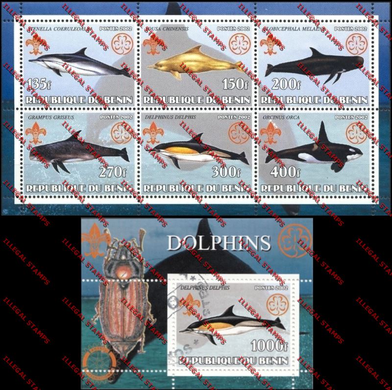 Benin 2002 Dolphins with Scouts Emblems Illegal Stamp Sheetlet of Six and Souvenir Sheet Benin 2002 Dolphins with Scouts Emblems Illegal Stamp Sheetlet of Six and Souvenir Sheet