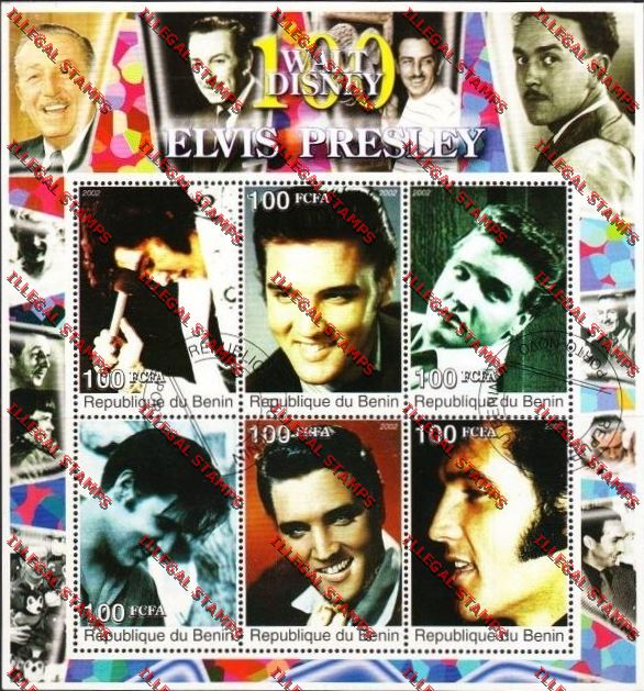 Benin 2002 Elvis Presley Walt Disney Illegal Stamp Sheetlet of Six Benin 2002 Elvis Presley Walt Disney Illegal Stamp Sheetlet of Six