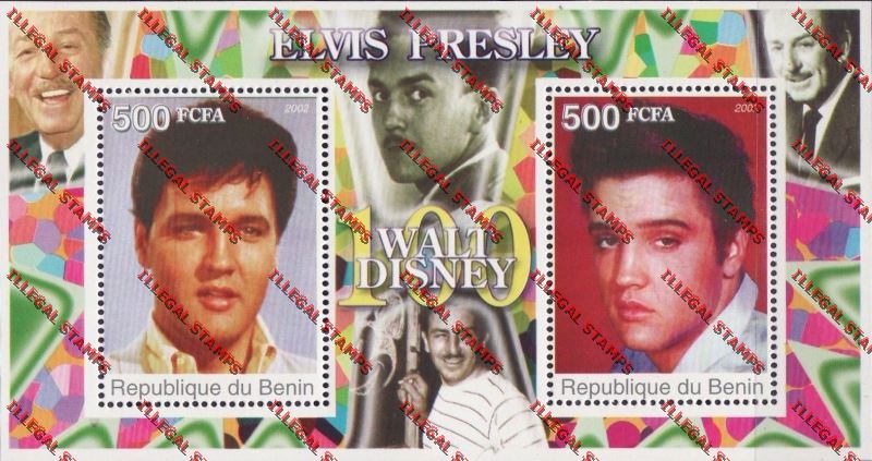 Benin 2002 Elvis Presley Walt Disney Illegal Stamp Souvenir Sheet Benin 2002 Elvis Presley Walt Disney Illegal Stamp Souvenir Sheet