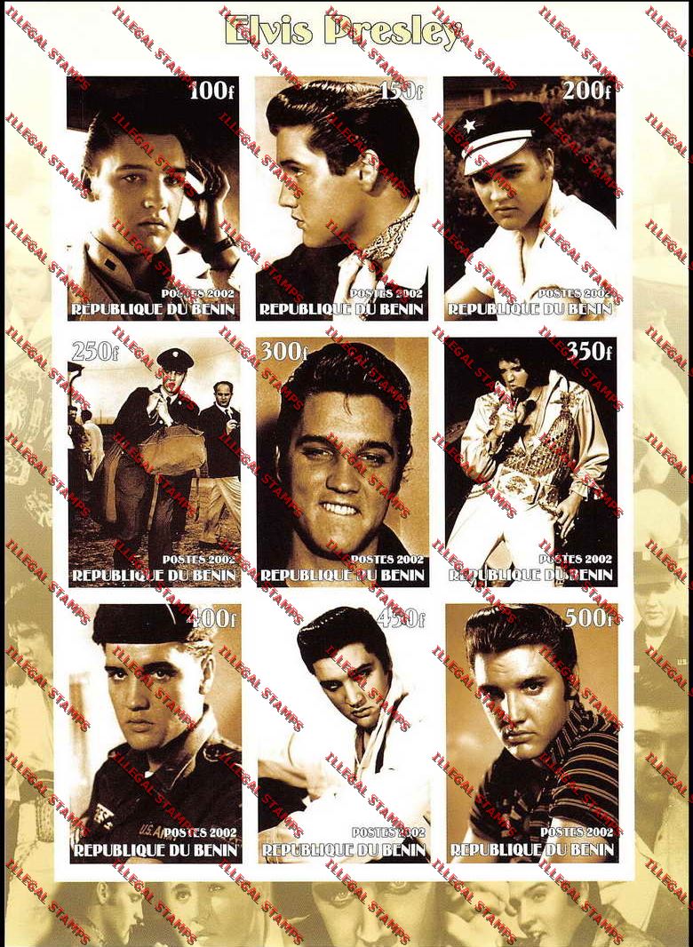 Benin 2002 Elvis Presley Illegal Stamp Sheetlet of Nine Benin 2002 Elvis Presley Illegal Stamp Sheetlet of Nine