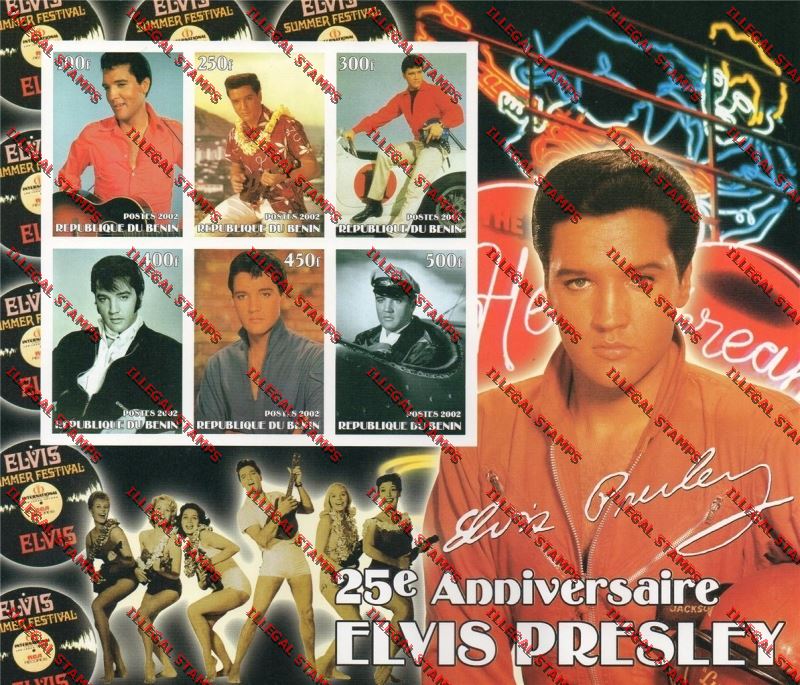 Benin 2002 Elvis Presley Illegal Stamp Souvenir Sheetlet of Six Benin 2002 Elvis Presley Illegal Stamp Souvenir Sheetlet of Six