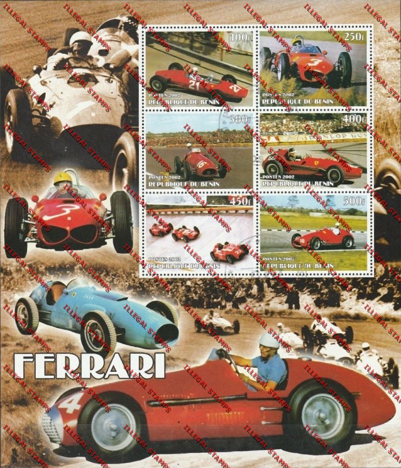 Benin 2002 Ferrari Racing Cars Illegal Stamp Souvenir Sheetlet of Six Benin 2002 Ferrari Racing Cars Illegal Stamp Souvenir Sheetlet of Six