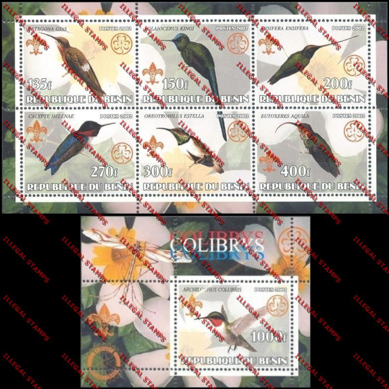 Benin 2002 Hummingbirds with Scouts Emblems Illegal Stamp Sheetlet of Six and Souvenir Sheet Benin 2002 Hummingbirds with Scouts Emblems Illegal Stamp Sheetlet of Six and Souvenir Sheet