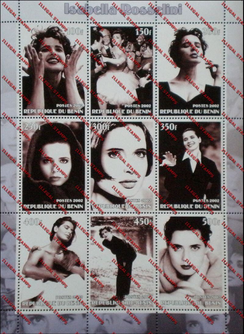 Benin 2002 Isabella Rosselini Illegal Stamp Sheetlet of Nine Benin 2002 Isabella Rosselini Illegal Stamp Sheetlet of Nine