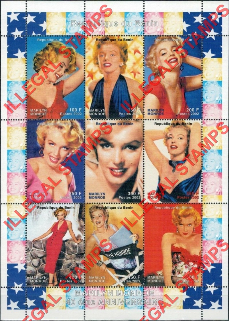 Benin 2002 Marilyn Monroe Illegal Stamp Sheets of 9 (part 2) Benin 2002 Marilyn Monroe Illegal Stamp Sheets of 9 (Part 2)