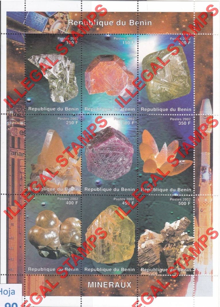 Benin 2002 Minerals Illegal Stamp Sheet of 9 Benin 2002 Minerals Illegal Stamp Sheet of 9