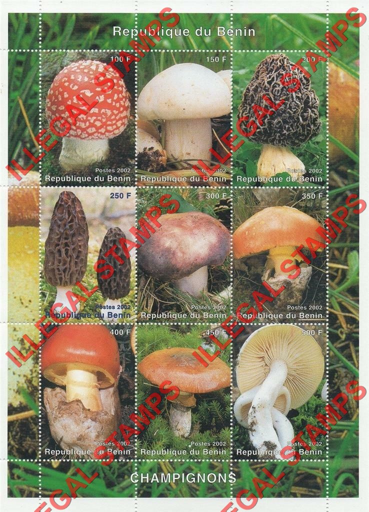 Benin 2002 Mushrooms Illegal Stamp Sheet of 9 Benin 2002 Mushrooms Illegal Stamp Sheet of 9