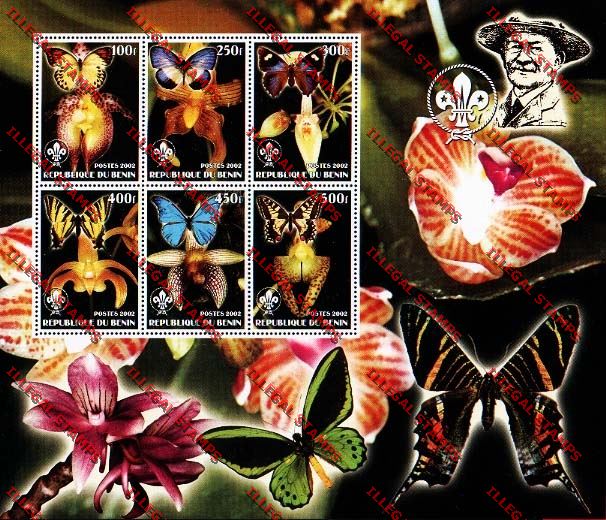 Benin 2003 Orchids and Butterflies with Scouting Emblem Illegal Stamp Souvenir Sheetlet of Six Benin 2002 Orchids and Butterflies with Scouting Emblem Illegal Stamp Souvenir Sheetlet of Six