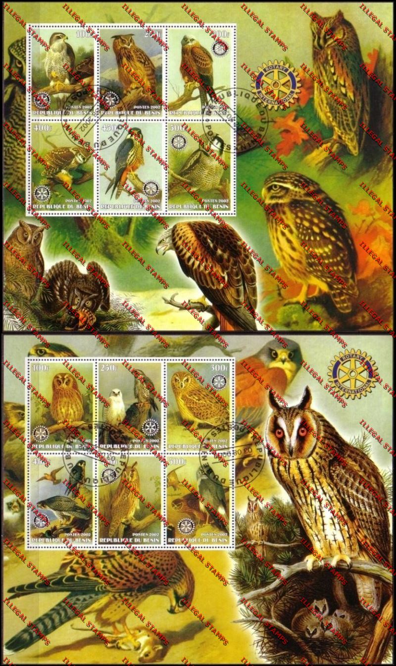 Benin 2002 Owls and Birds of Prey with Rotary Emblem Illegal Stamp Souvenir Sheetlets of Six Benin 2002 Owls and Birds of Prey with Rotary Emblem Illegal Stamp Souvenir Sheetlets of Six