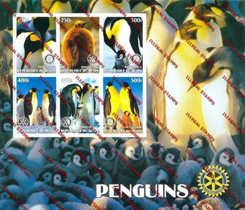 Benin 2002 Penguins with Rotary Emblem Illegal Stamp Souvenir Sheetlet of Six Benin 2002 Penguins with Rotary Emblem Illegal Stamp Souvenir Sheetlet of Six