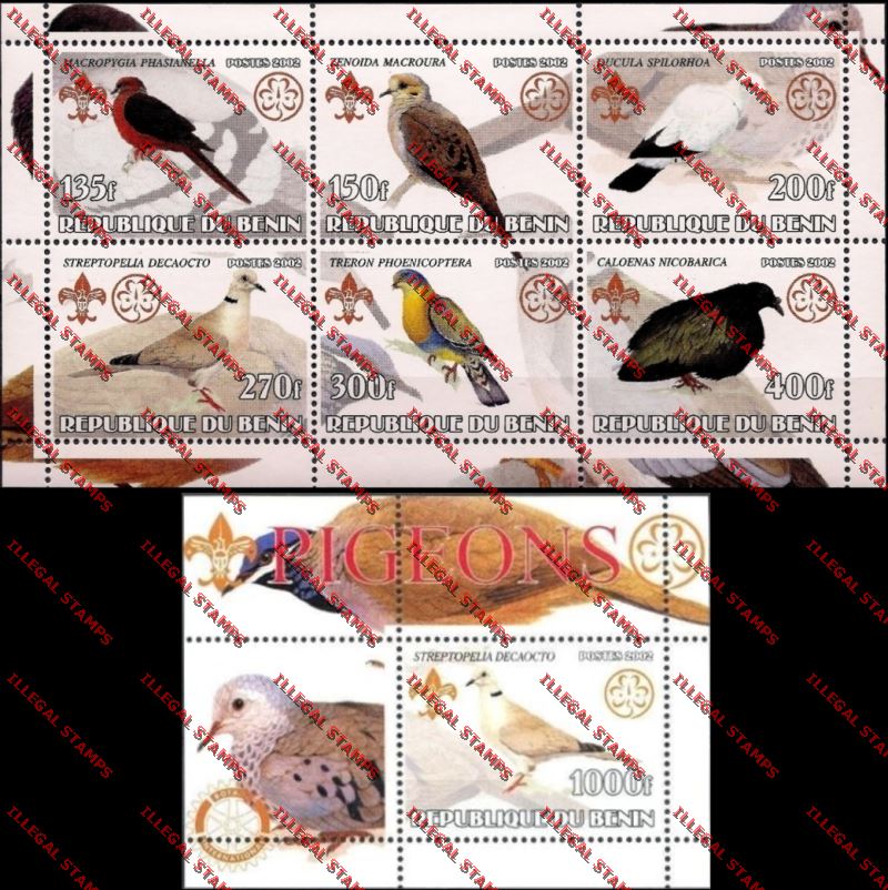 Benin 2002 Pigeons with Scouts Emblems Illegal Stamp Sheetlet of Six and Souvenir Sheet Benin 2002 Pigeons with Scouts Emblems Illegal Stamp Sheetlet of Six and Souvenir Sheet