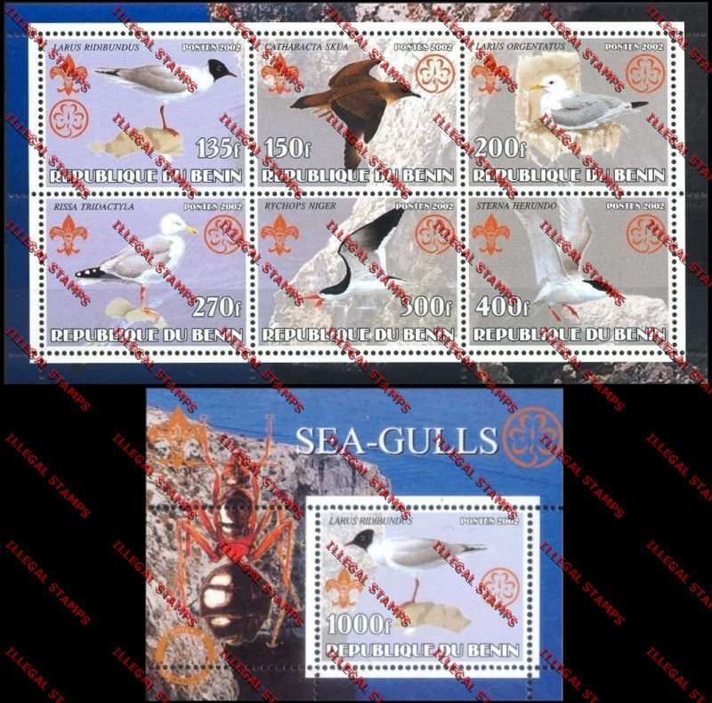 Benin 2002 Seagulls with Scouts Emblems Illegal Stamp Sheetlet of Six and Souvenir Sheet Titled Cricetinae Benin 2002 Seagulls with Scouts Emblems Illegal Stamp Sheetlet of Six and Souvenir Sheet Titled Cricetinae