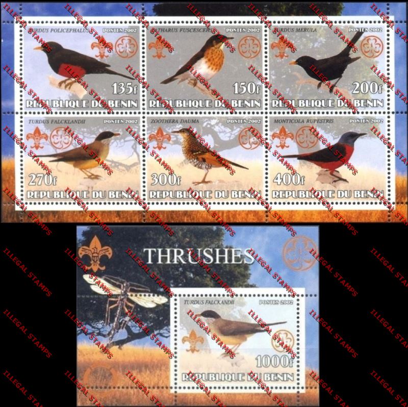 Benin 2002 Songbirds with Scouts Emblems Illegal Stamp Sheetlet of Six and Souvenir Sheet Titled Hystricedae Benin 2002 Songbirds with Scouts Emblems Illegal Stamp Sheetlet of Six and Souvenir Sheet Titled Hystricedae