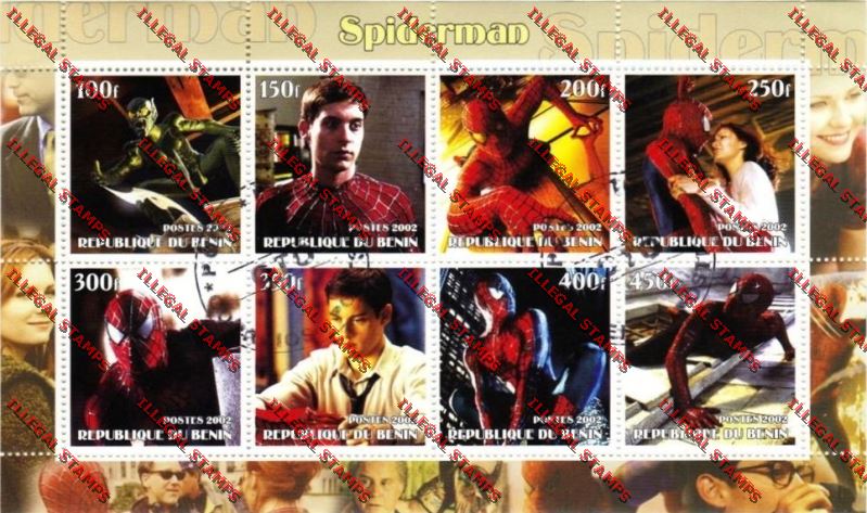 Benin 2002 Spiderman Illegal Stamp Sheetlet of Eight Benin 2002 Spiderman Illegal Stamp Sheetlet of Eight
