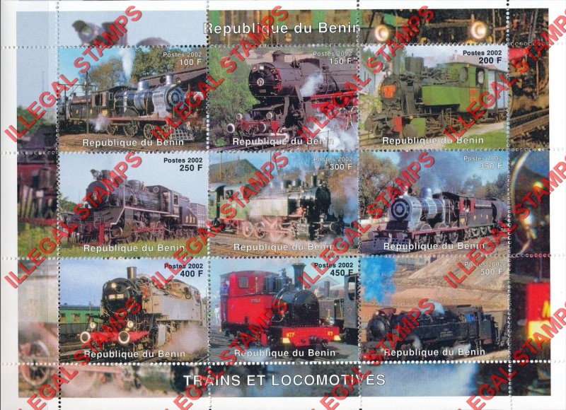 Benin 2002 Trains and Locomotives Illegal Stamp Sheet of 9 Benin 2002 Trains and Locomotives Illegal Stamp Sheet of 9