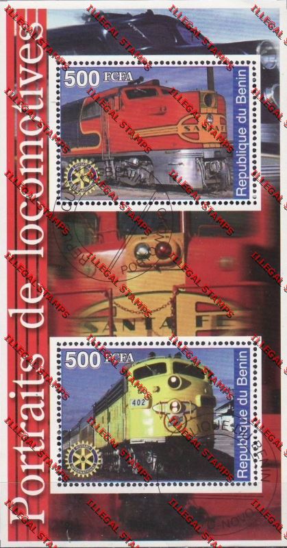 Benin 2002 Trains with Rotary International Emblem Illegal Stamp Souvenir Sheet Benin 2002 Trains with Rotary International Emblem Illegal Stamp Souvenir Sheet