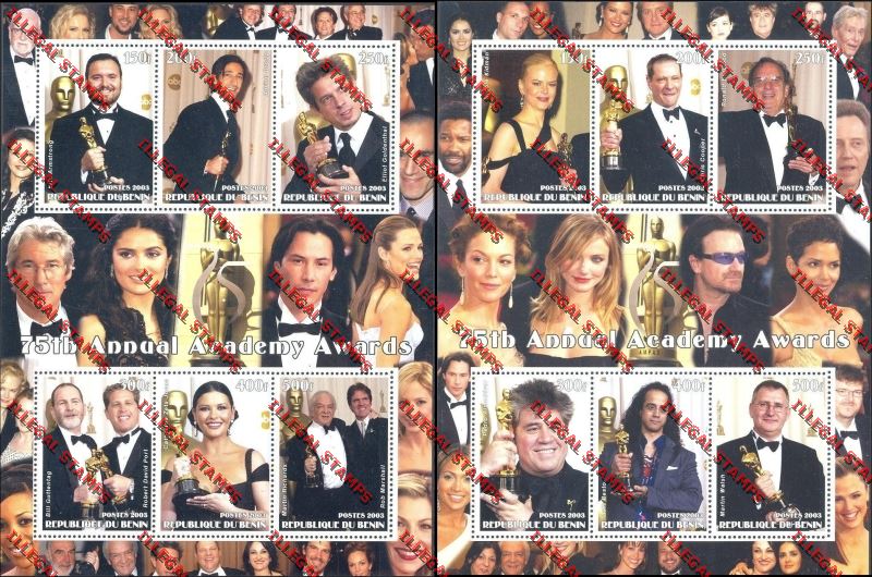Benin 2003 Actors and Actresses 75th Annual Academy Awards Illegal Stamp Sheetlets of Six Benin 2003 Actors and Actresses 75th Annual Academy Awards Illegal Stamp Sheetlets of Six