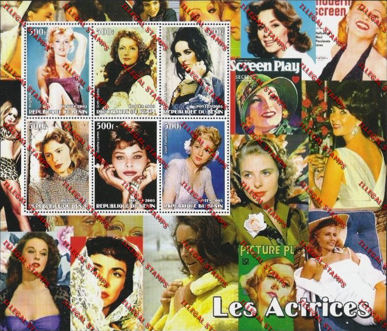 Benin 2003 Actresses (Les Actrices) Illegal Stamp Souvenir Sheetlet of Six Benin 2003 Actresses (Les Actrices) Illegal Stamp Souvenir Sheetlet of Six