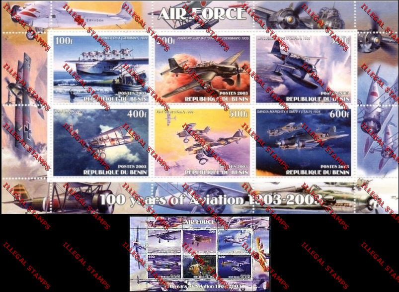 Benin 2003 Air Force 100 Years of Aviation Illegal Stamp Sheetlets of Six Benin 2003 Air Force 100 Years of Aviation Illegal Stamp Sheetlets of Six