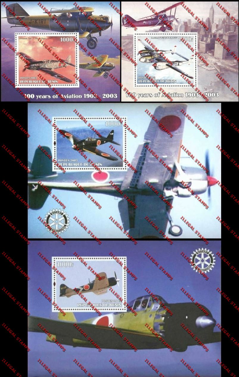 Benin 2003 100 Years of Aviation and Rotary International Illegal Stamp Souvenir Sheets Benin 2003 100 Years of Aviation and Rotary International Illegal Stamp Souvenir Sheets