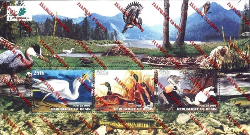 Benin 2003 Birds Nature Conservancy Illegal Stamp Souvenir Sheet with Three Stamps Benin 2003 Birds Nature Conservancy Illegal Stamp Souvenir Sheet with Three Stamps