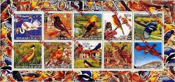 Benin 2003 Birds Illegal Stamp Sheetlet of Ten Titled Oiseaux Benin 2003 Birds Illegal Stamp Sheetlet of Ten Titled Oiseaux