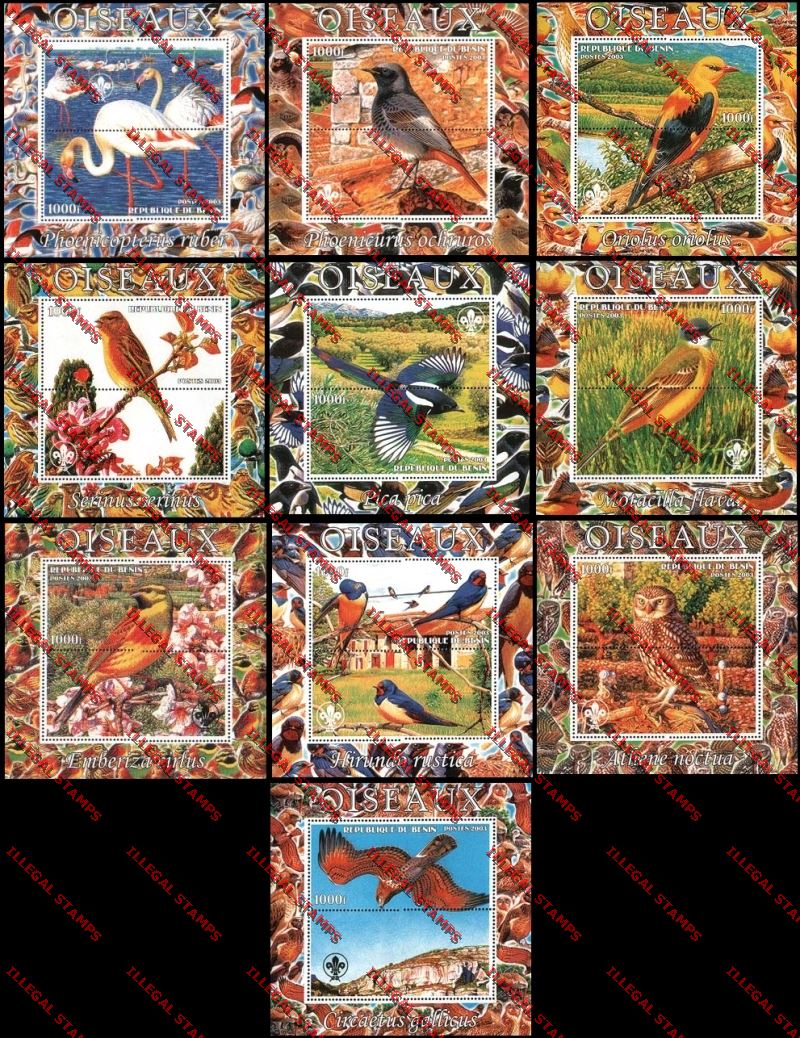 Benin 2003 Birds with Scouting Emblem Illegal Stamp Souvenir Sheets Titled Oiseaux Benin 2003 Birds with Scouting Emblem Illegal Stamp Souvenir Sheets Titled Oiseaux