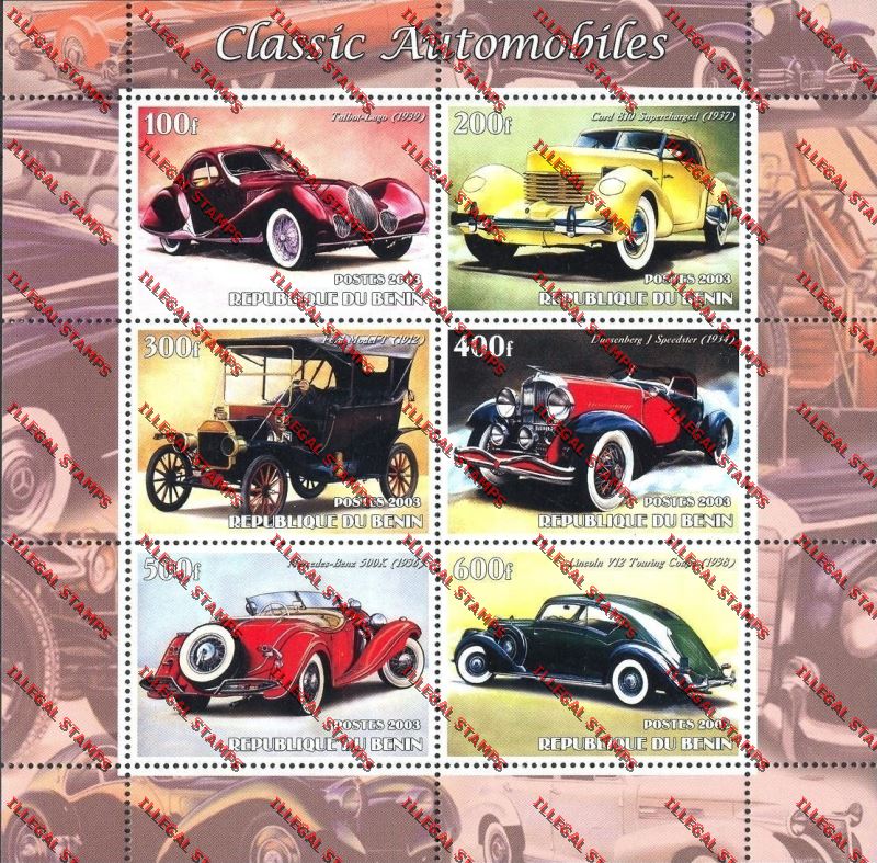Benin 2002 Classic Automobiles Illegal Stamp Sheetlet of Six Benin 2003 Classic Automobiles Illegal Stamp Sheetlet of Six