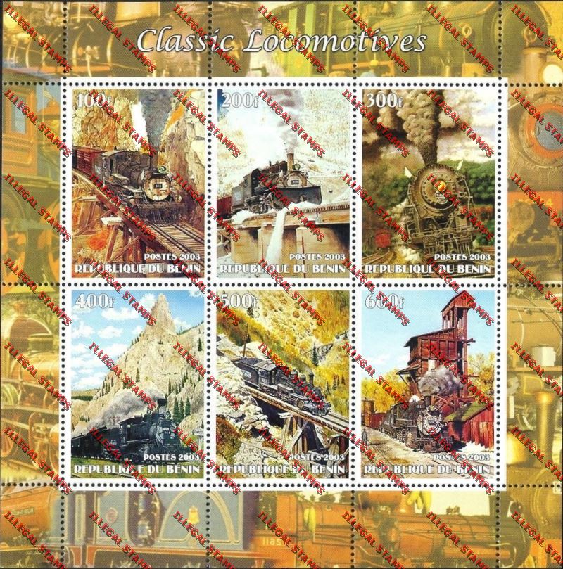 Benin 2003 Classic Locomotives Illegal Stamp Sheetlet of Six Benin 2003 Classic Locomotives Illegal Stamp Sheetlet of Six