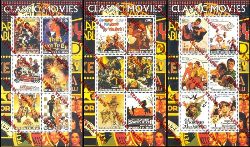 Benin 2003 Classic Movies Illegal Stamp Sheetlets of Six Benin 2003 Classic Movies Illegal Stamp Sheetlets of Six