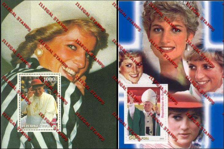 Benin 2003 Princess Diana and Pope John Paul II Illegal Stamp Souvenir Sheets Benin 2003 Princess Diana and Pope John Paul II Illegal Stamp Souvenir Sheets