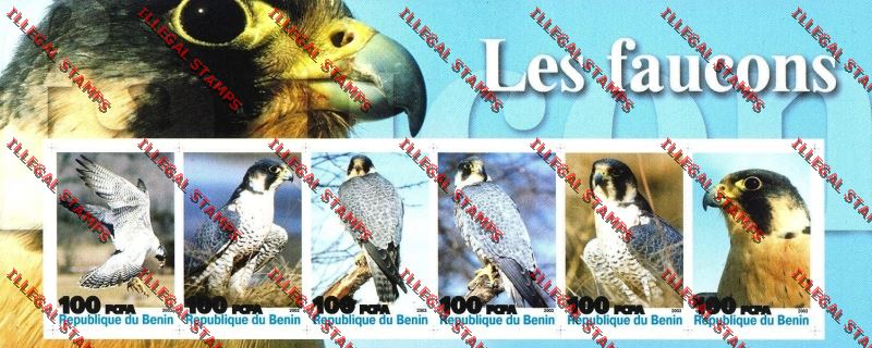 Benin 2003 Falcons Illegal Stamp Sheetlet of Six Titled Les Faucons Benin 2003 Falcons Illegal Stamp Sheetlet of Six Titled Les Faucons