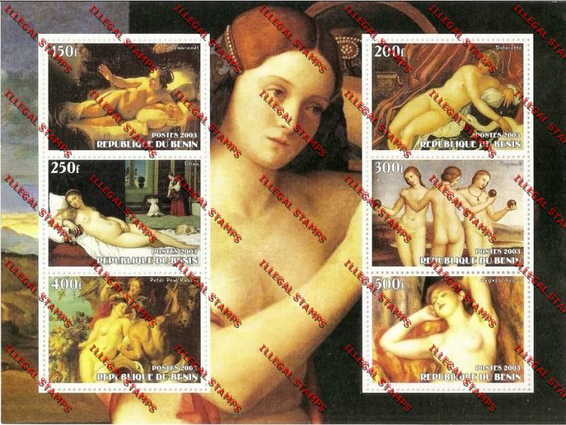 Benin 2003 Famous Nude Paintings Illegal Stamp Souvenir Sheetlet of Six Benin 2003 Famous Nude Paintings Illegal Stamp Souvenir Sheetlet of Six