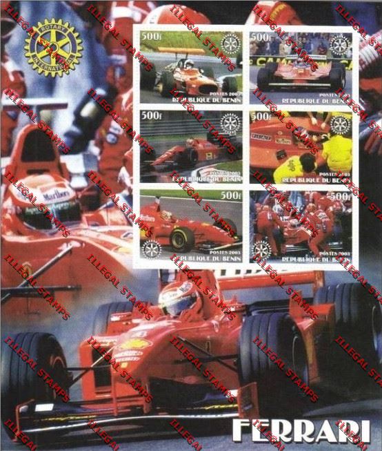 Benin 2003 Ferrari Racing Cars with Rotary Emblem Illegal Stamp Souvenir Sheetlet of Six Benin 2003 Ferrari Racing Cars with Rotary Emblem Illegal Stamp Souvenir Sheetlet of Six