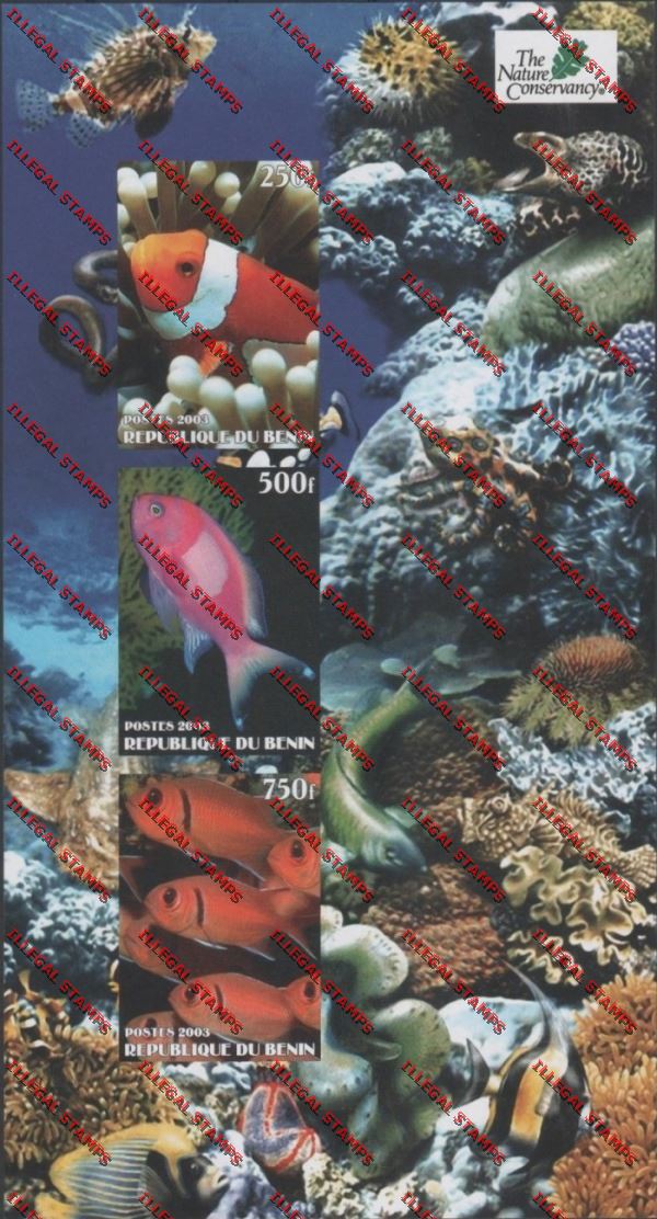 Benin 2003 Tropical Fish Nature Conservancy Illegal Stamp Souvenir Sheet with Three Stamps Benin 2003 Tropical Fish Nature Conservancy Illegal Stamp Souvenir Sheet with Three Stamps
