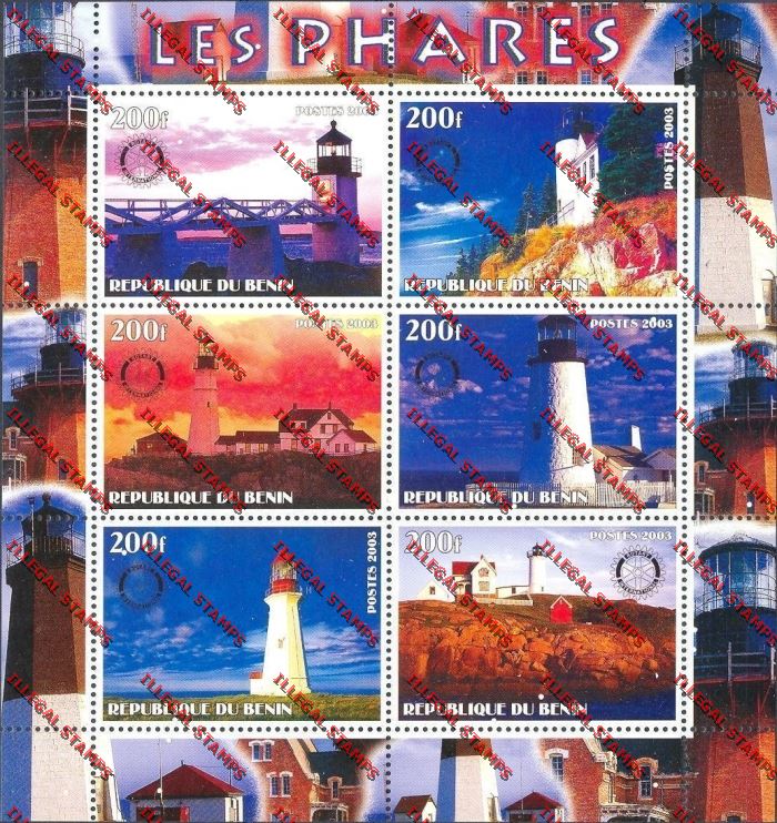 Benin 2003 Lighthouses (Les Phares) with Rotary Emblem Illegal Stamp Sheetlet of Six Benin 2003 Lighthouses (Les Phares) with Rotary Emblem Illegal Stamp Sheetlet of Six